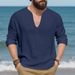 Men's Relaxed Fit Linen V-Neck Tee - Breathable Long Sleeve Shirt For Autumn (7 Colors, M-XXXL)_viptrois.com