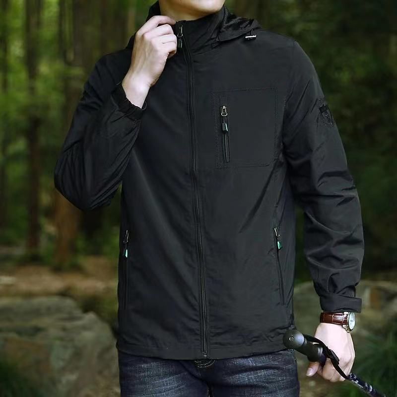 Men's Clothing Spring And Autumn Jackets For Middle Aged Men, Thin Workwear, Outdoor Leisure Windproof Hooded Mid Length Coat For Men_viptrois.com
