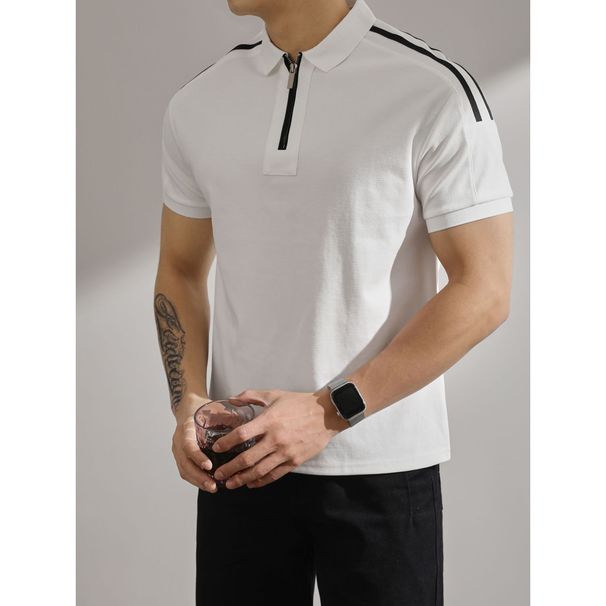Men's Classic Colorblock Striped Polo Shirt | Semi-Zipper Collar & Embroidered Detail | Lightweight Summer Knit For Relaxed Fit_viptrois.com