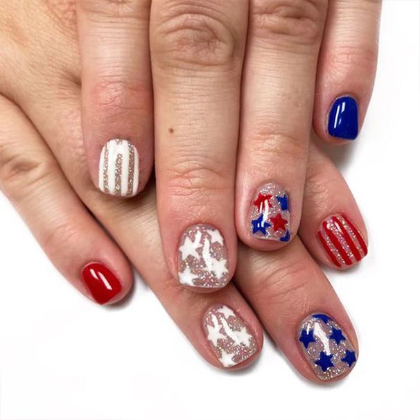 Short bright face red and blue color sparkling stripes wear nail art American Independence Day five-pointed star foreign trade nail art 24 pieces_viptrois.com