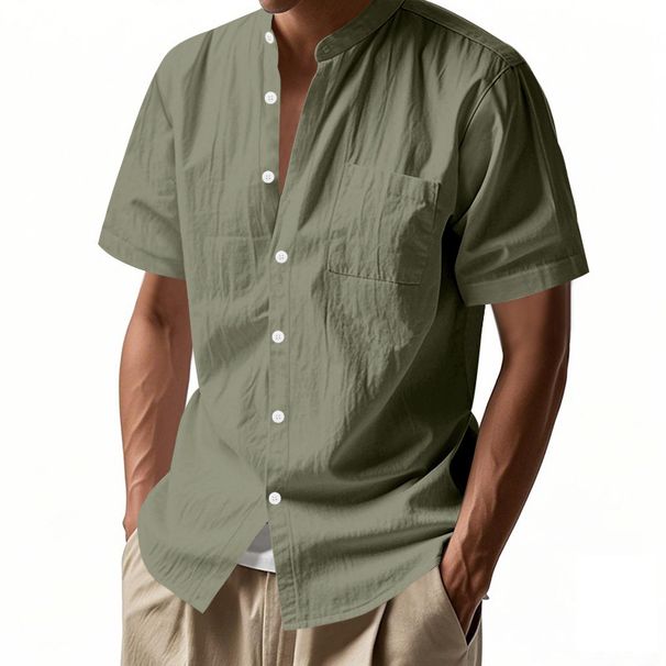 Men's Linen Shirt Short Sleeve, Casual Solid Color Stand Collar Open Front Shirt, Lightweight Breathable Summer Beach Shirt_viptrois.com
