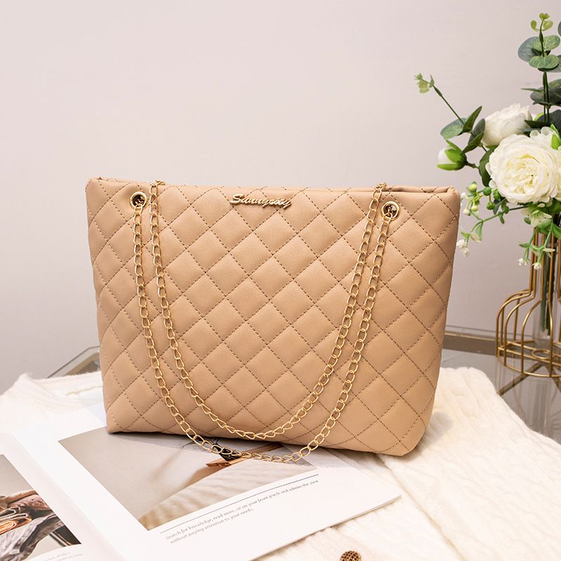 Women's Diamond Quilted Embroidery Tote Bag - Large Capacity With Chain Strap & Magnetic Closure (Solid Color Shoulder Bag)_viptrois.com