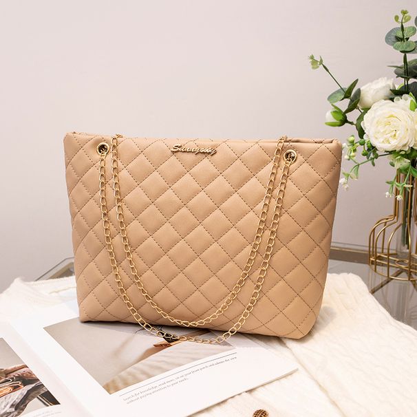 Women's Diamond Quilted Embroidery Tote Bag - Large Capacity With Chain Strap & Magnetic Closure (Solid Color Shoulder Bag)_viptrois.com