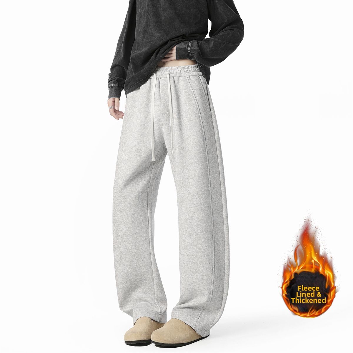 Versatile Heavyweight Athletic Sweatpants American Style Loose Straight Wide Leg Solid Color Floor Length Casual Trousers_viptrois.com