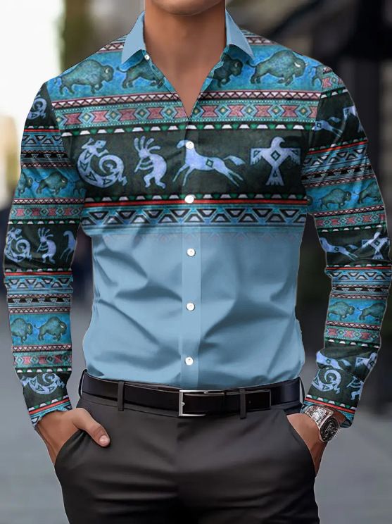 Men's Long Sleeved Shirt Cross Border Popular Ethnic Style Element Design Spring And Autumn Casual Shirt 2025 New Style_viptrois.com