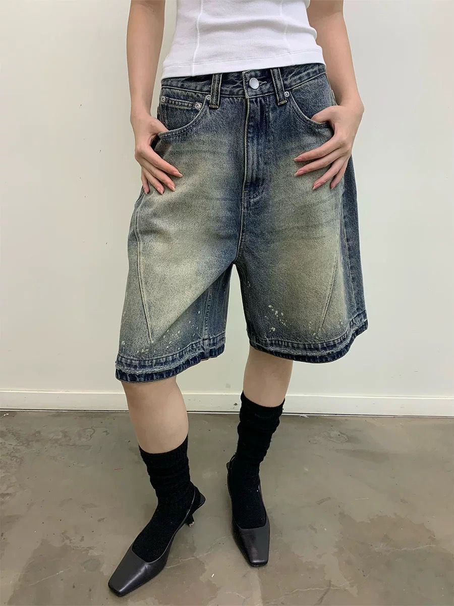 Men's Clothing Hand Painted Ink Splashed Monkey Spray Dyed Washed And Distressed Denim Shorts High Street Chic Design Trendy And Handsome_viptrois.com