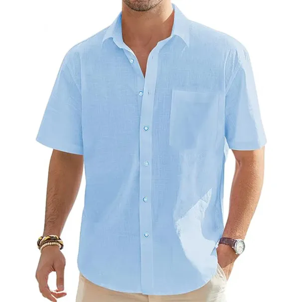 Solid Color Men's Short Sleeve Made Of Cotton And Linen, Vacation, Beach, Summer Tops Pocket, Casual Lightweight Shirts_viptrois.com