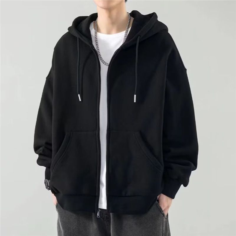 Pure Cardigan Hoodie Solid Color Clothing Fleece Lined Zipper Loose Jacket Men's Autumn Winter Sweatshirt_viptrois.com