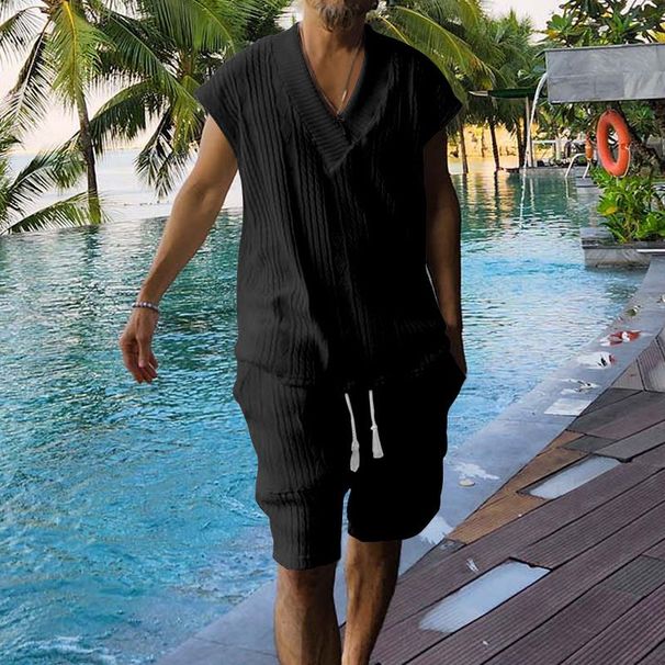 Men's Clothing New Casual Jacquard Knitted Summer Loose Sleeveless T-shirt Shorts Suit Men_viptrois.com