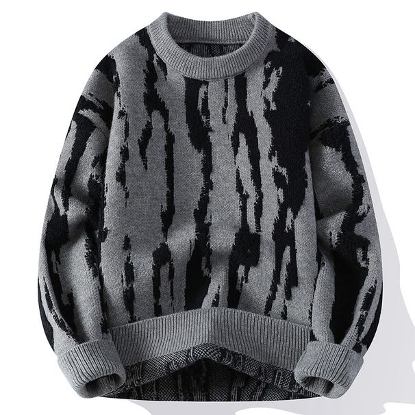 Men's Round Neck Knit Sweater – Color-Block Striped Pullover, Warm & Stylish For Autumn & Winter_viptrois.com