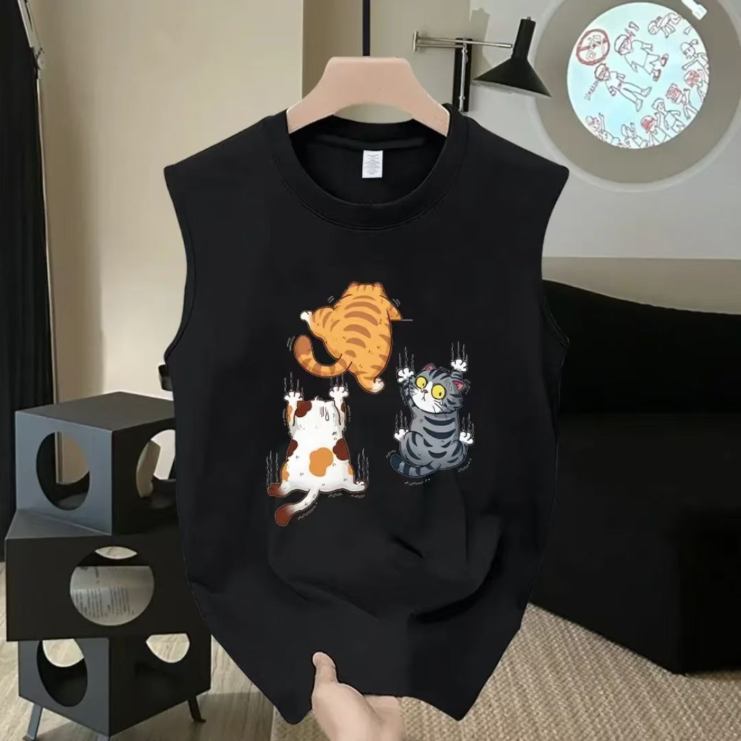 New Summer Loose Casual American Personalized Printing Men's And Women's Round Neck Cotton Sleeveless Vest T-shirt Versatile Trend_viptrois.com