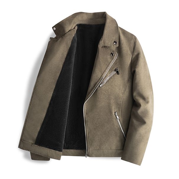 Trendy And Handsome Jacket With Fleece, Slim Fit, Slant Zipper Leather Jacket, Korean Motorcycle Suit, New Autumn/Winter_viptrois.com