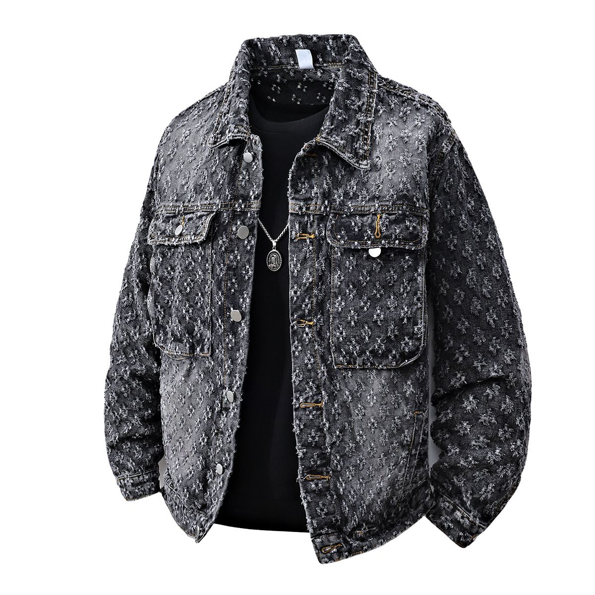 Spring And Autumn New Jacquard Denim Jacket Men's Loose American High Street Top 2025 Design Niche Cross Border Jacket_viptrois.com