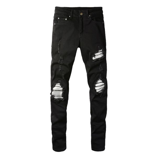 Men's Clothing Fashion Brand High Street Men's Slim Ripped Silver Patch Men's Jeans Men's Pants Small Feet_viptrois.com