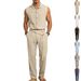 Men's Summer Trendy Linen Cotton Two Piece Set Sleeveless Shirt And Trousers Casual Breathable Cross Border European American_viptrois.com