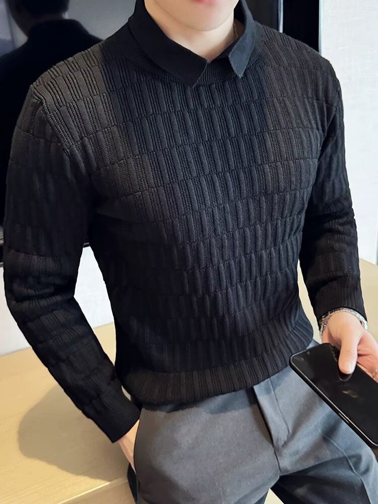 Men's Layered Collar Sweater Shirt Long Sleeve Autumn Winter Business Casual Slim Fit Knit Top Versatile Styling_viptrois.com