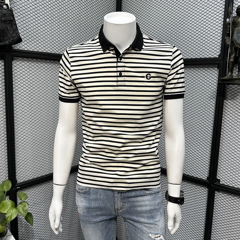 Striped POLO Shirt Men's Short-sleeved T-shirt Summer Solid Color New Casual Round Neck High-end Trendy Brand Versatile Slim-fit T-shirt_viptrois.com