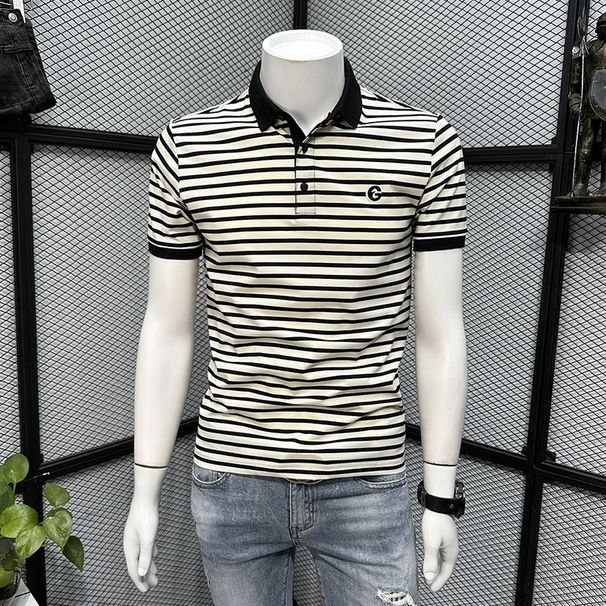 Striped POLO Shirt Men's Short-sleeved T-shirt Summer Solid Color New Casual Round Neck High-end Trendy Brand Versatile Slim-fit T-shirt_viptrois.com