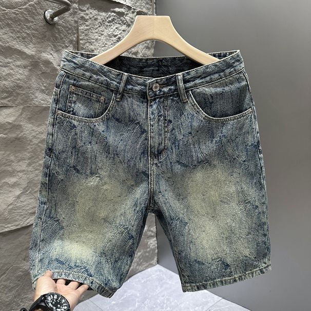 Men's Trendy Washed Jacquard Denim Shorts High Street Style Summer Loose Fit American Retro Cool Five Point Pants_viptrois.com