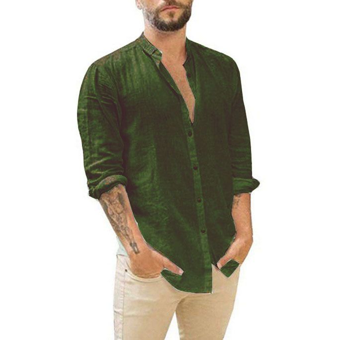 Men's Clothing Linen Cardigan Solid Color Casual Stand Collar Long Sleeve Shirt_viptrois.com
