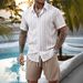 Men's Summer Casual Two Piece Set Blue And White Striped Short Sleeve Shirt And Shorts High-End Style_viptrois.com
