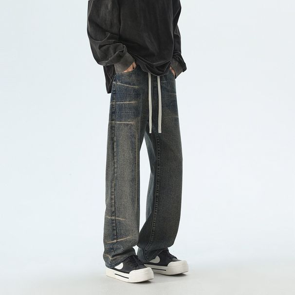 LKTM Wear # American Vintage Washed Tie Dyed Jeans Men's Rascal Handsome High Street Drawstring Loose Straight Leg Pants_viptrois.com
