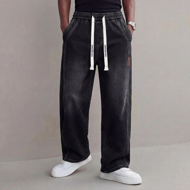 Men's Straight Leg Jeans Drawstring Elastic Waist Loose Fit Trendy Casual Trousers Wide Leg Version_viptrois.com