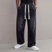 Men's Straight Leg Jeans Drawstring Elastic Waist Loose Fit Trendy Casual Trousers Wide Leg Version_viptrois.com