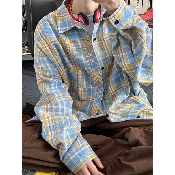 Trendy Plaid Design Long Sleeve For Men 2025 Spring And Autumn New Japanese Retro Turn-Down Collar Shirt Jacket_viptrois.com