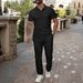Men's Clothing New Men's Solid Color Jacquard Lapel Button Short Sleeved Polo Shirt Trousers Casual Suit_viptrois.com