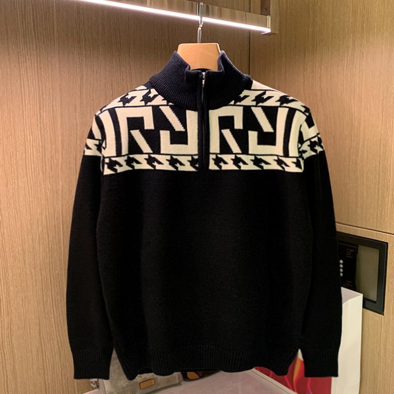 American Retro Casual Personalized Jacquard Semi-turtleneck Sweater Men's Winter Thickened Semi-zipper Knitted Sweater Thermal Top_viptrois.com