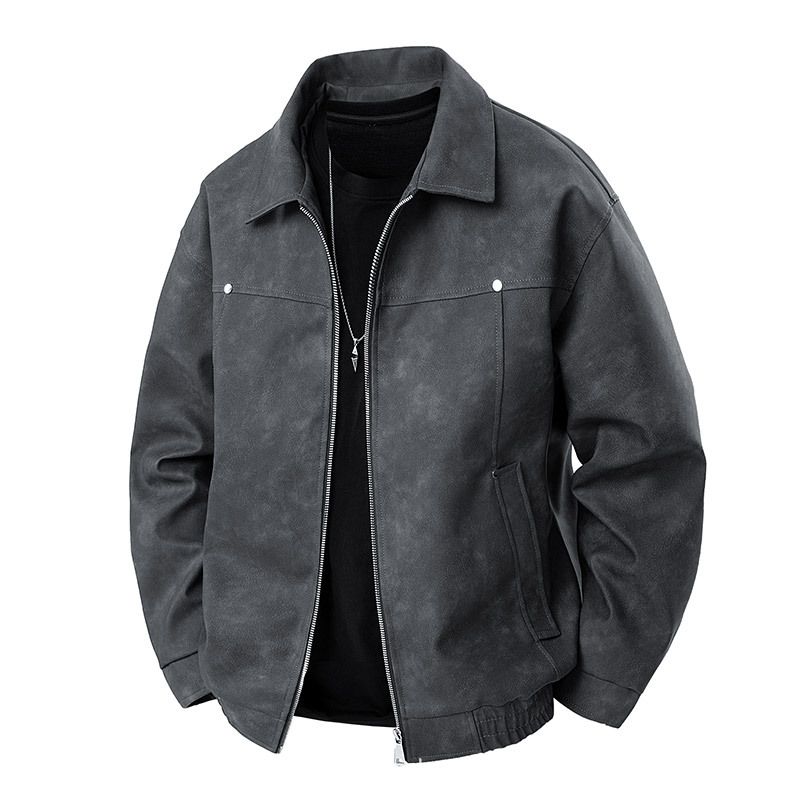 American Spring And Autumn Middle Aged Youth Solid Color Collar Leather Male Maillard Luxury Motorcycle Couple Jacket_viptrois.com