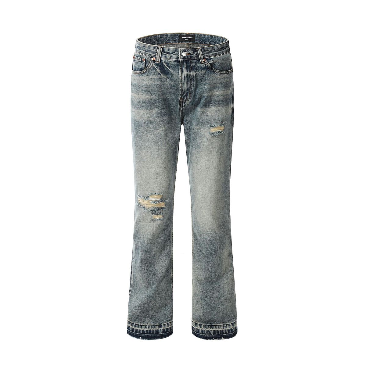 Men's Clothing High Street Distressed Loose Casual Distressed Bleached Ripped Cat Whisker Casual Pants Jeans Bell Bottoms_viptrois.com