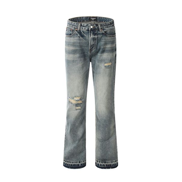 Men's Clothing High Street Distressed Loose Casual Distressed Bleached Ripped Cat Whisker Casual Pants Jeans Bell Bottoms_viptrois.com