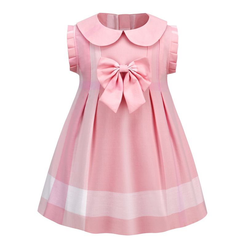 Mother & Kids Summer New Bow Short Sleeved Princess Dress Plaid Girls Cotton Dress_viptrois.com