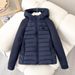 Women's Quilted Puffer Jacket with Silicone Triangle Print Hooded Short Coat Warm Outerwear for Petite Loose Fit Lightweight Winter_viptrois.com