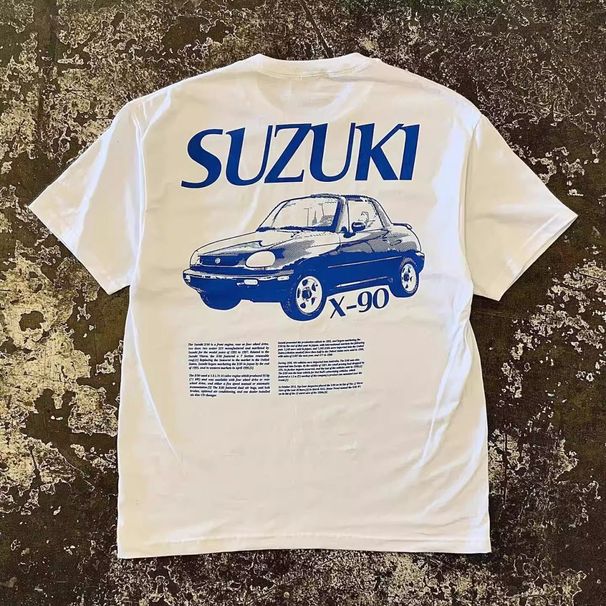 SUZUKI X-90 Nostalgic Old Car Letter Printed Round Neck Design Niche Trendy Short Sleeved T-shirt Top Ins_viptrois.com
