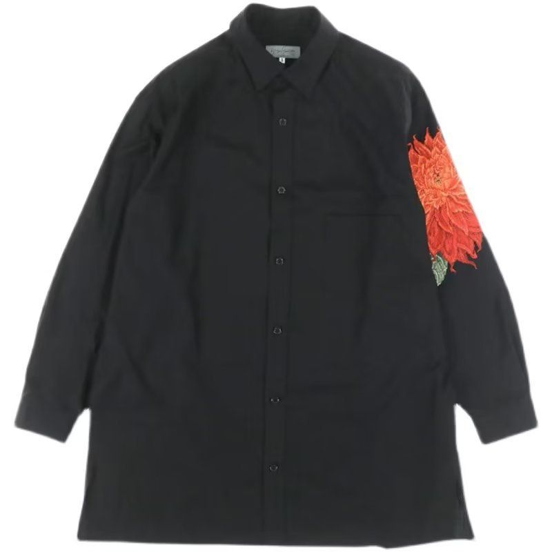 Men's Clothing red dahlia shirt embroidered flowers yohji dark unisex loose long sleeved shirt_viptrois.com