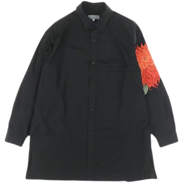 Men's Clothing red dahlia shirt embroidered flowers yohji dark unisex loose long sleeved shirt_viptrois.com