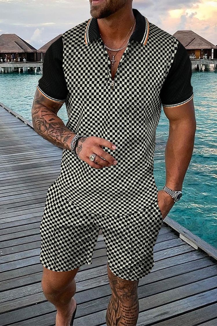 Men's Clothing 2024 New Wholesale Foreign Trade Men's Open Collar Zipper Shirt 3d Printed Men's Short-Sleeved Beach Pants Two-Piece Suit_viptrois.com