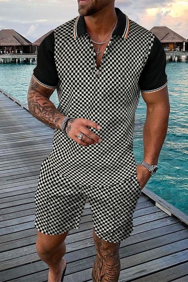 Men's Clothing 2024 New Wholesale Foreign Trade Men's Open Collar Zipper Shirt 3d Printed Men's Short-Sleeved Beach Pants Two-Piece Suit_viptrois.com