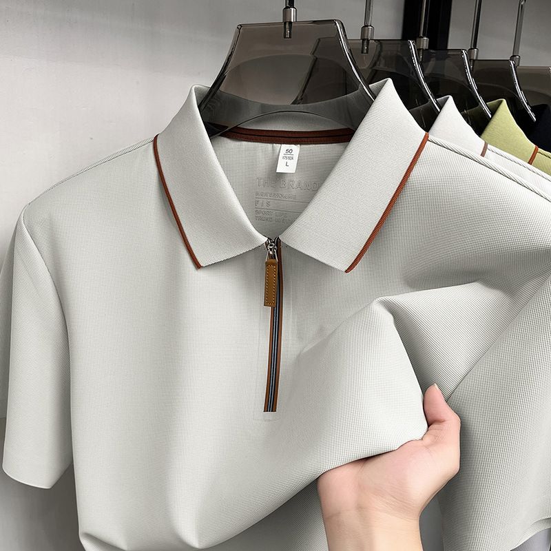 Men's Clothing Men's Seamless Nylon Ammonia Short Sleeve Shirt Turn Down Collar Half Zip T-Shirt Business Style Summer_viptrois.com