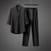 men's clothing thin three-quarter sleeve t-shirt casual suit men's summer large size loose mid-sleeve trousers cotton and linen two-piece set_viptrois.com