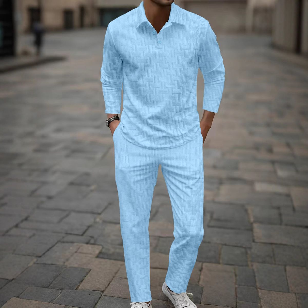 Men's Autumn And Winter Long Sleeved Trousers Jacquard Fabric Polo Shirt Suit Suitable For Daily Leisure Sports_viptrois.com