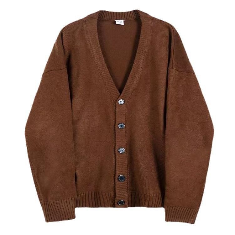 Knitted Cardigan Jacket Men Autumn Winter Korean Loose Fit Ins Trend Brand V-neck Single-breasted Solid Color_viptrois.com
