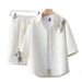 Men's Summer Waffle Texture Set Short Sleeve Shirt Loose Fit Korean Style Bamboo Leaf Embroidery Casual Two-Piece Outfit_viptrois.com