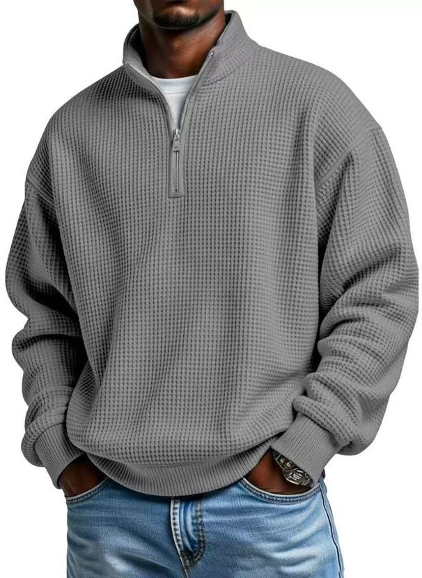 Cross-Border European American Hot-Selling Waffle Solid Color Versatile Long-Sleeve Sweatshirt For Men With Stand Collar_viptrois.com