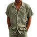 Summer Linen Jacquard Shirt Vertical Stripes Turn-down Collar Button Loose Breathable Casual Men's Short Sleeve_viptrois.com