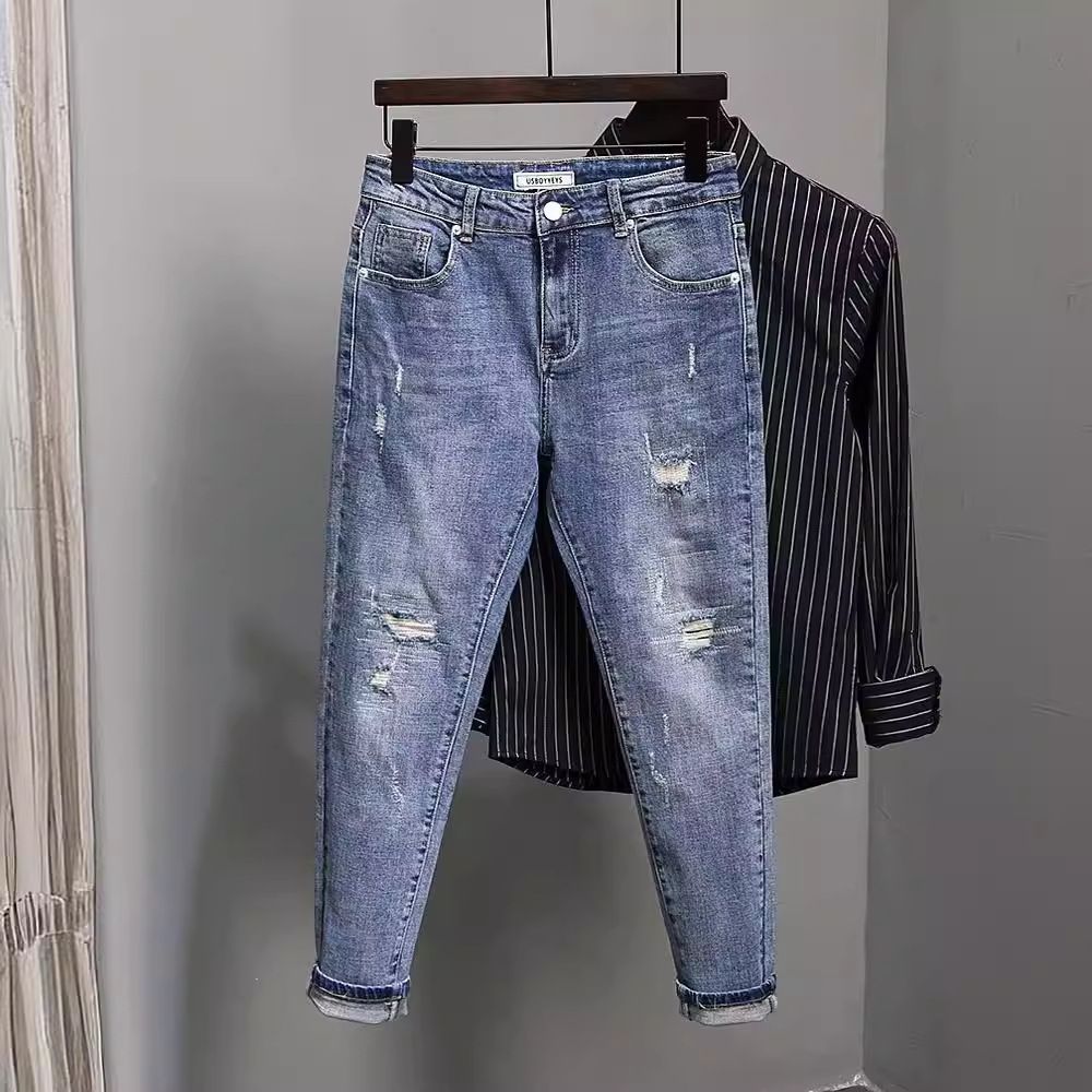 Men's Cropped Jeans New Summer Autumn Korean Style Trendy Slim Fit Versatile Design Pants_viptrois.com