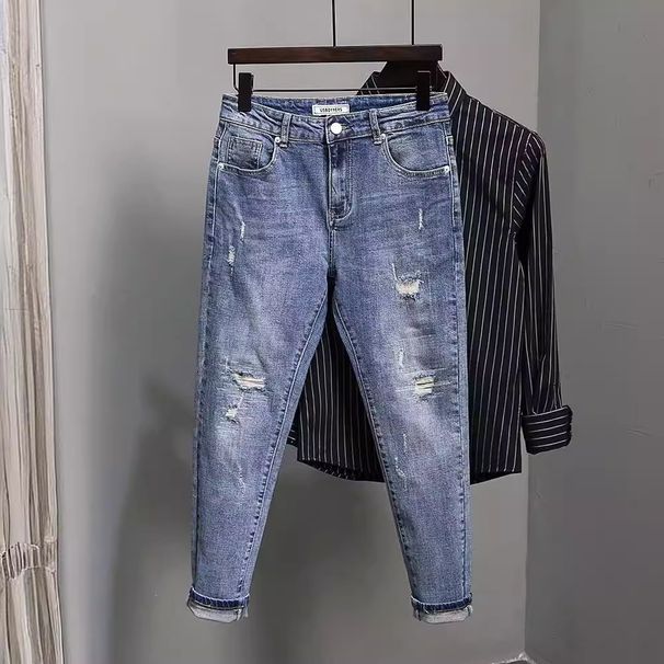 Men's Cropped Jeans New Summer Autumn Korean Style Trendy Slim Fit Versatile Design Pants_viptrois.com